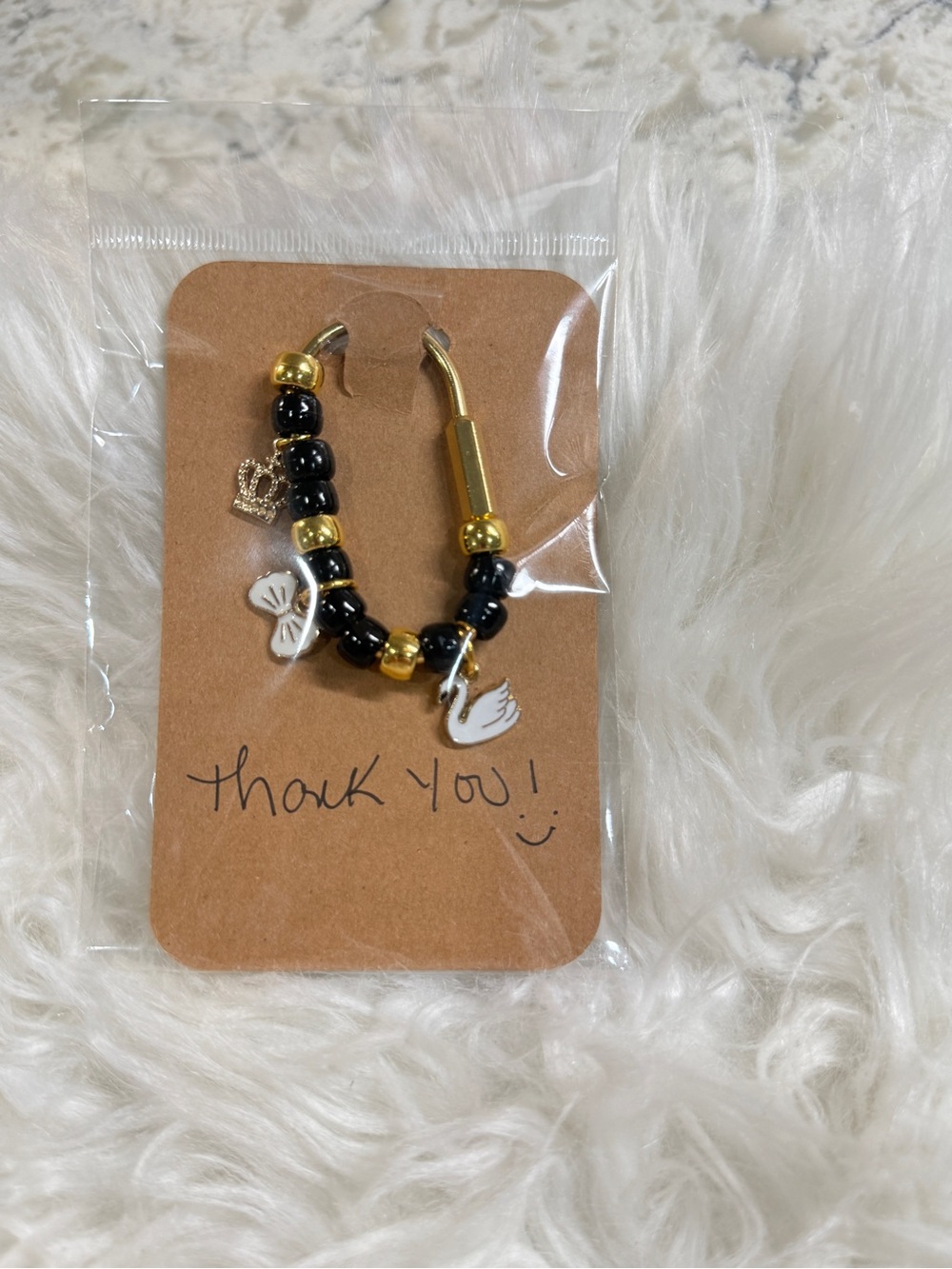 Handmade Black and Gold Beaded Swan Charm Bracelet